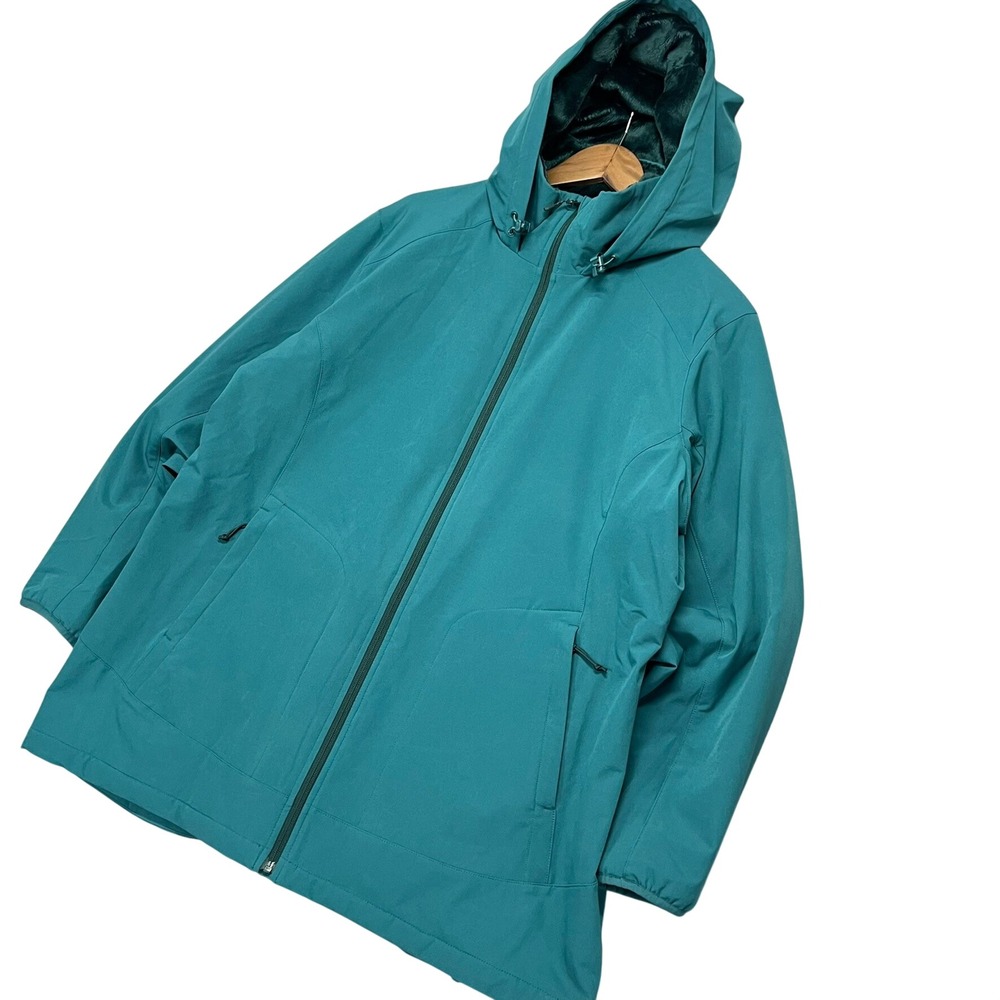 Duluth Trading Co Women 1X Teal Green Faux Fur Lined Hooded Softshell Jacket